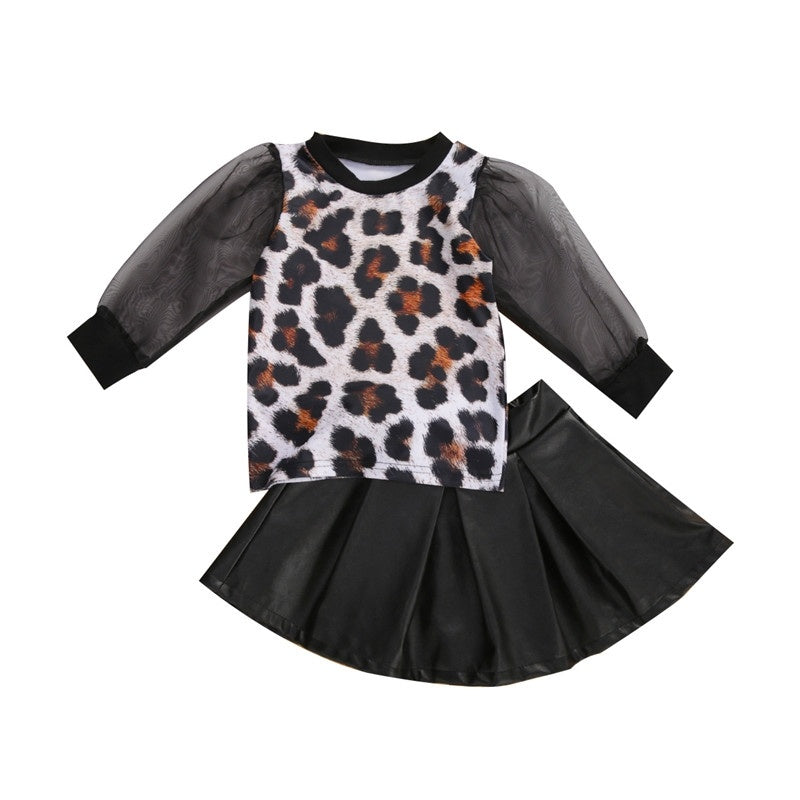 Fall toddler leopard print top T-shirt skirt girl