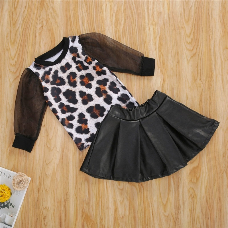 Fall toddler leopard print top T-shirt skirt girl